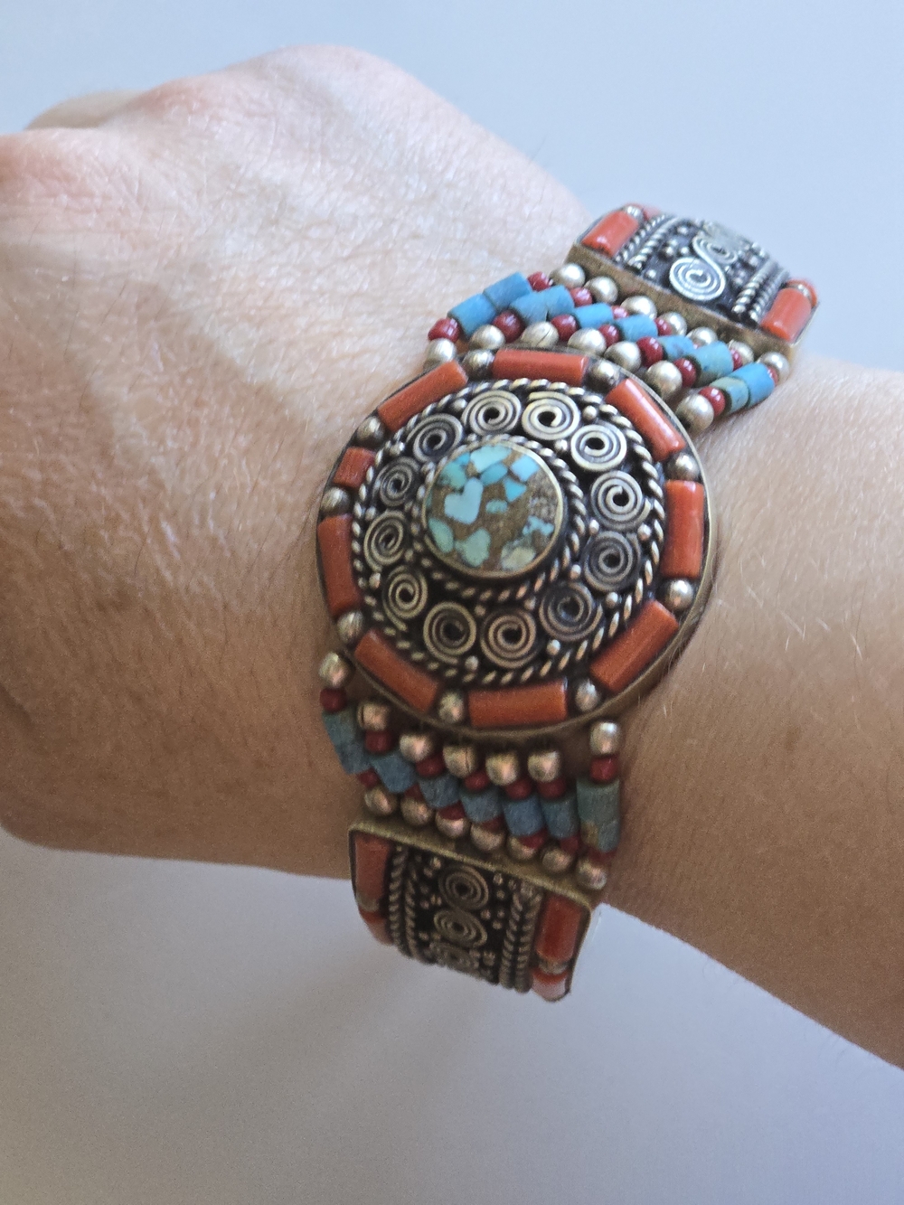 Turquoise & Coral Tribal-Style Statement Bracelet